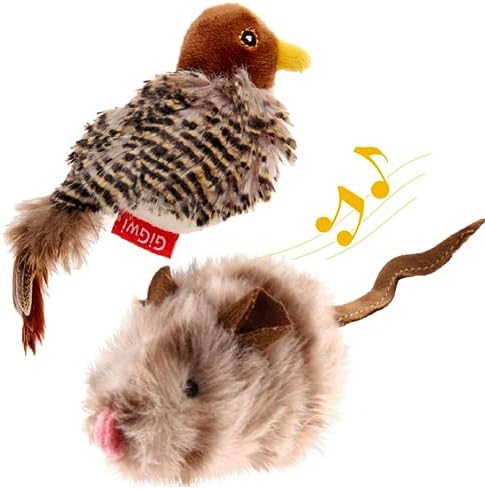 Gigwi Automatic Cat Toys Pack, Interactive Electronic Squeaky Animals Bird and Mouse, Plush Toys for Cats to Play Alone, 2 Pcs