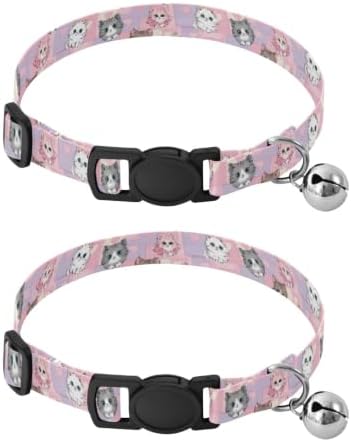 Cute Cartoon Cats White Comfortable Cat Collar, 2 Pack Collar with Bell for Dog Puppy