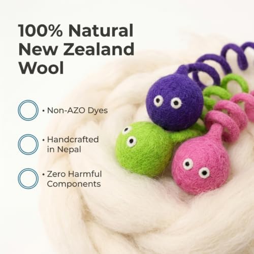 Glaciart One Felt Spring Cat Toy – 3 Pcs Soft Fuzzy Enrichment 100% Natural Wool - Interactive Stretchable Play Set - Safe for Pets, Non-AZO Colored Dyes - 4” Long