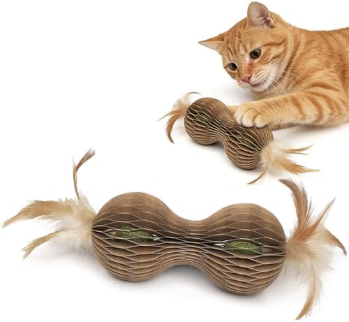 Catnip Ball Toys for Indoor Cats Dumbbell-Shaped Cardboard Toy with 2 Catnip Balls & Feather Ends for Interactive and Independent Play, Exercise & Stress Relief Cat Toys for Kitten All Breeds and Ages