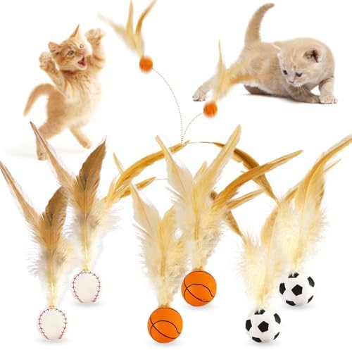 Cat Feather Bouncy Ball Toys, 6 PCS Cat Bulk Bouncy with Feathers, Elastic Bouncy Ball Cats Toys Set for Bored Indoor Adult Kitten Cats