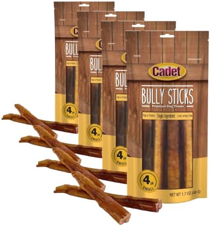 Cadet Bully Sticks for Small Dogs, All-Natural Beef Pizzle, Long-Lasting Rawhide Free Dog Treats for Aggressive Chewers, 4 Count (Pack of 4)