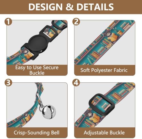 Cats Books Colorful Bookshelves Collar for Puppy, 2 Pack Decorative Pet Collar with Bell