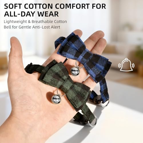 Plaid Breakaway Cat Collar with Bell & Removable Bow Tie – Cotton Kitten Collar with Bells for Boy Cats or Small Dogs. Adjustable Size 7.5-12.2in (1, Red)