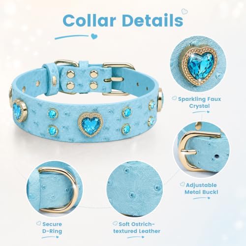 Rhinestone Dog Collar with QR ID Tag, Ostrich-Embossed, Blue, S | Crystal Dog Collar with Ostrich-Embossed Texture, Adjustable Waterproof Fit and QR Scan Pet ID for Stylish Daily Wear