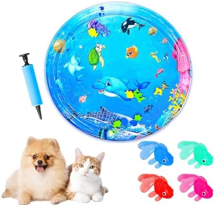 2026 Upgraded Cat Water Mat – 5-Layer Anti-Scratch Leak-Proof Sensory Play Mat for Indoor Cats, BPA-Free Cooling Water Pad, Interactive Enrichment Toy (S22, 100*100CM, 4 Fish + Pump Included)