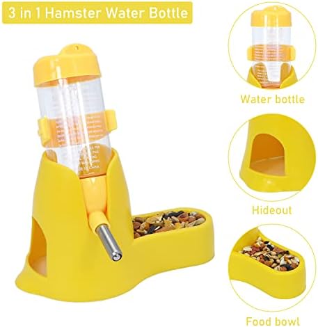 Wontee 3 in 1 Hamster Water Bottle with Food Bowl Hideout Base 80ML, Yellow
