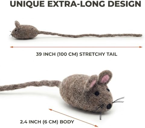 Glaciart One Felt Mouse Cat Toy – Soft Fuzzy Enrichment 100% Natural Wool - Interactive Catnip Play Cat Toy Set - Safe for Pets, Non-AZO Colored Dyes - 42” Long