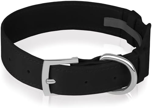 Leather Dog Collar with Airtag Holder - Apple Air Tag Dog Collars - Soft Tracking GPS Pet Collar for Small Medium Large Dogs Breed Puppy (Black, XL, 19"-24" Neck Fit)