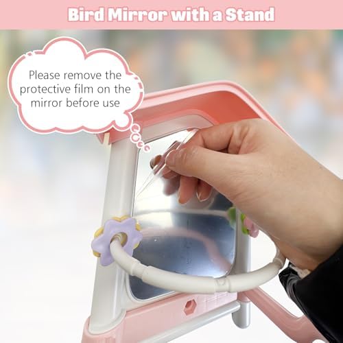kathson Bird Mirror with Plastic Perch and 5PCS Colorful Rattan Balls Parakeet Hanging Swing with Mirror Interactive Toy Bird Cage Accessories for Cockatiel Parrot Conures Cockatoo Finch(Pink)