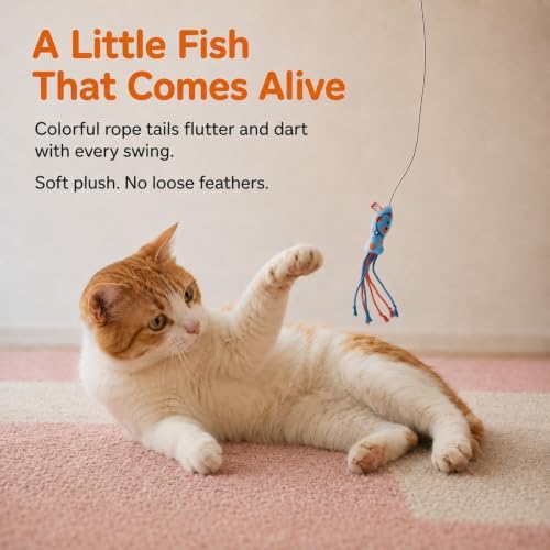 Interactive Cat Wand Toy with Plush Fish Teaser, Ultra-Thin Elastic Cord, Retractable Stainless Steel Wand for Indoor Cats