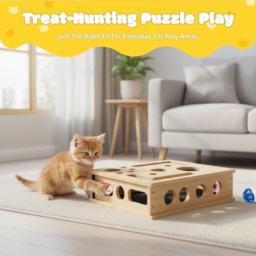 Cat Nail File Enrichment Box - Wooden Scratch & Puzzle Toy with 3 Bell Balls, Sandpaper Pad for Indoor Cat Claw Grinding, Mental Stimulation and Boredom Relief