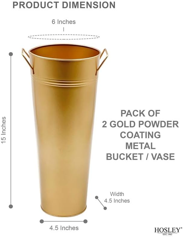 Hosley Set of 2 Gold Metal French Bucket with Handles & PVC Liner, 6" Dia x 15" H for Weddings, Parties, Country Picnics, Floral Arrangements, Tableware Storage, or Gardens - Rustic Farmhouse Décor