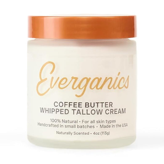| Organic Coffee Butter Whipped Tallow Cream for Skin | Grass-Fed Beef Tallow Natural Moisturizer for Face & Body | Made in USA | 4 oz (Large Size)