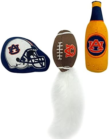 BEST PLUSH CAT TOY - NCAA AUBURN TIGERS Complete Set of 3 piece Cat Toys filled with Fresh Catnip. Includes: 1 Helmet Cat Toy, 1 Football Cat Toy with Feathers & 1 Beer Bottle. Beautiful Team LOGOS