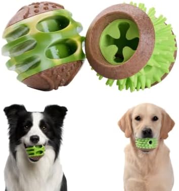 MECOOL 2PCS Durable Dog Chew Toys, Squeaky Chew Ball & Treat Dispensing Toy, Tough Nylon Ends & Natural Rubber for Aggressive Chewers, Interactive Puzzle Toys for All Breed Dogs,Bacon Flavored,Green