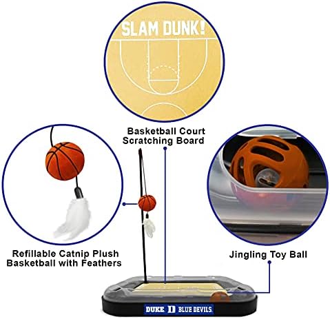 CATS SCRATCHER NCAA Duke University Basketball Court CAT Scratcher Toy with Catnip Filled Plush Basketball Toy & Feather Cat Toy Hanging, with Jingle Bell Interactive Ball Cat Chasing 5-in-1 Kitty Toy