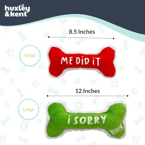 Huxley & Kent Funny Dog Toy w/Squeaker – Holiday Power Plush Squeaky Dog Toys for Small, Medium & Large Dogs – Soft Stuffed Animal for Indoor Play & Fetch - Me Did It, I Sorry Bone, Small