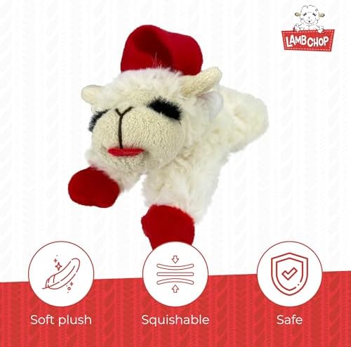 Multipet Lamb Chop Dog Plush Toy w/ Santa Hat - Squeaky Toy for All Dogs - Extra Soft Plush - Stuffed Animal for Cuddling & Playing (6”, Cream)
