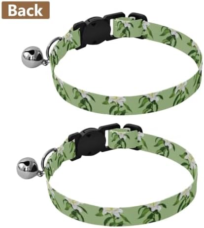 Floral White Lilies Green Leaf Cat Bell Collar 2 Pack Small Dog Collar Adjustable 10.6 to 17.1 Inches