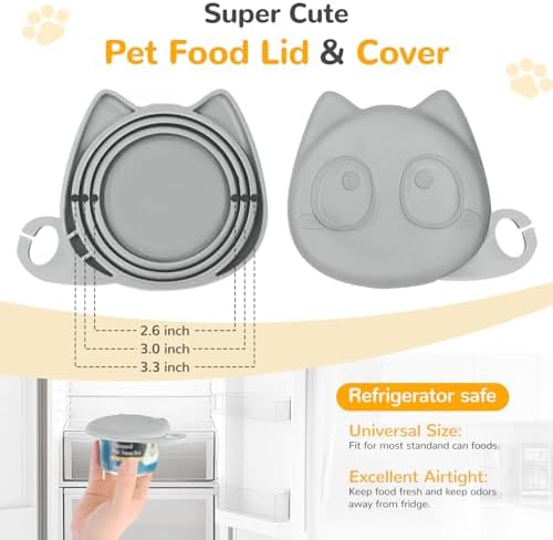 BAEJMJK Silicone Cat &Dog Food Can Cover Lid and Spoon With One Cats Strip Feeder 3Pcs Pet Cat Supplies Set Cute Shape Cats Wet Food Spoon(Opener/Spatula) Universal Can Cover（Grey）