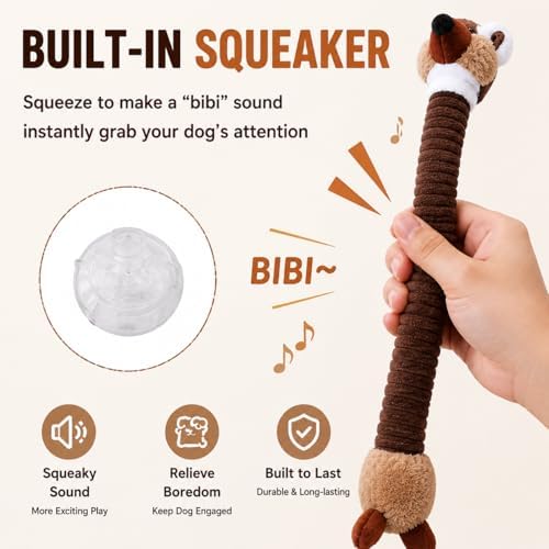 Long Squeaky Dog Toy Plush Stuffed Dog Toy for Aggressive Chewers, Interactive Crinkle Chew Toy for Tug of War, Soft Durable Pet Toy for Small Medium Large Dogs (Brown Fox)
