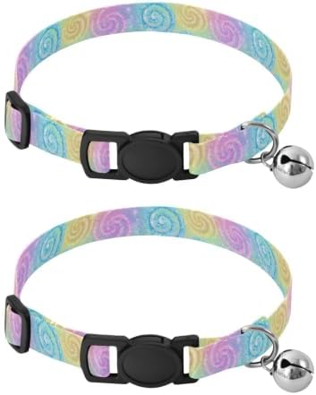 Rainbow Swirl Tie Dye Soft Cat Collar, 2 Pack Dog Collar with Bell