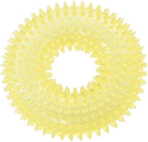Squeaky Spiky Dog Ring Toy for Teeth Cleaning & Gum Massage 3.9 Inch Small Medium Dogs Yellow | Spiny TPR Rubber Chew Toy for Fetch Play Interactive Bouncy Dental Ring Durable BPA Free Nontoxic Floats