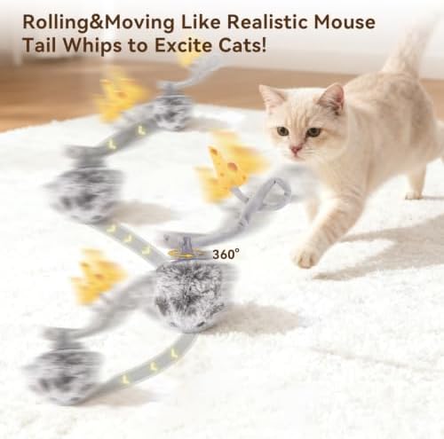 Migipaws Interactive MigiMouse Cat Toy 360° Rolling & Spin with Wiggling Tail for Indoor Cats Smart Motion Sensor, Realistic Squeak, Rechargeable Plush Kitten Toy(Grey Long)