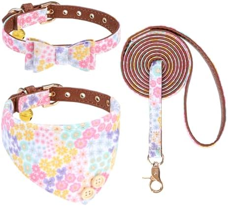 KOOLTAIL Summer Dog Collar and Leash Set with Bowtie and Bells - Cute Fancy Puppy Collar and Leash for Boy or Girl with Flower Pattern, Soft Leather Tangle Free Leashes for Small Dogs,Cats