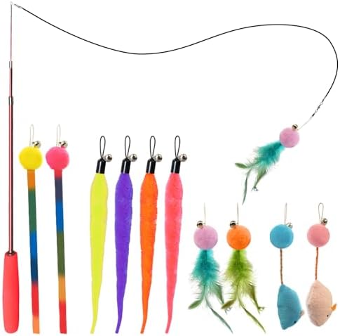 Cat Toys for Indoor Cats, 11 Packs Interactive Cat Wand Toy Set with Feather Toys&Ribbon Refills,Retractable Cat Wand with Bell Refills for Kittens Play and Exercise