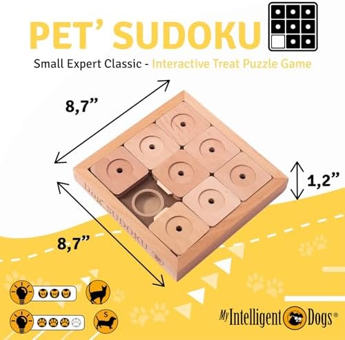 Interactive Wooden Sudoku Puzzle for Cats and Small Dogs - Expert Brain Pet Toy - 9 Treat-Hiding Holes, Small All-Wood Design