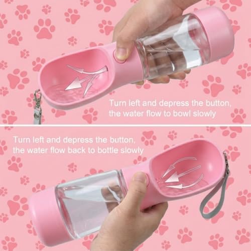 Dog Water Bottle with Food Container, Portable Dog Bowl, Travel Pet Pink