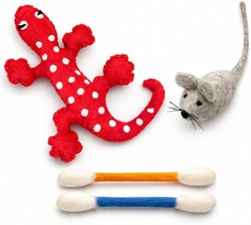 Glaciart One Wool Cat Toy Set with Organic Catnip | Interactive Cat Toys for Play, Exercise & Boredom Relief | Mouse, Lizard & Swabs