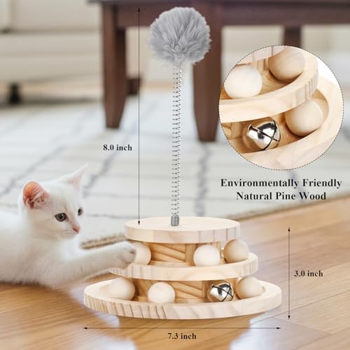 2-Tier Wooden Cat Ball Track Toy - Non-Toxic Cat Turntable with Removable Balls, Interactive DIY Circle Toy for Kittens & Cats Mental/Physical Exercise, Safe Natural Wood Kitty Roller