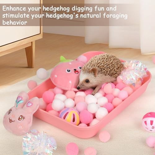 Hedgehog Accessories, Dig-Box Tray for Hedgehog Cage with Ball Toy, Small Animal Accessories Funny Dig-Box Tray Toys for Hedgehogs, Ball Bell Toy for Ferret Kitten Cat Hamster (Pink)