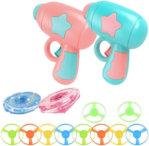 2PCS Cat Fetch Disc Launcher Toy with Colorful Flying Propellers Set,Cat Playing Tracking LED Spinning Top Interactive Toys for Kitten Chasing Training Hunting（Pink+Blue）