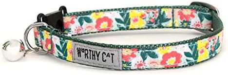 THE WORTHY DOG Patterned Spring Bouquet Cat Collar with Bell, Adjustable Nylon Safety Collar, Green, One Size