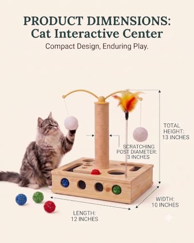4-in-1 Wooden Interactive Cat Toy with Scratching Post & 3 Rattan Bell Balls - Cat Puzzle Box Treat Maze, 360° Rotating Spinning Teaser with Hanging Pom Poms, Durable Sisal Scratcher for Indoor Cats