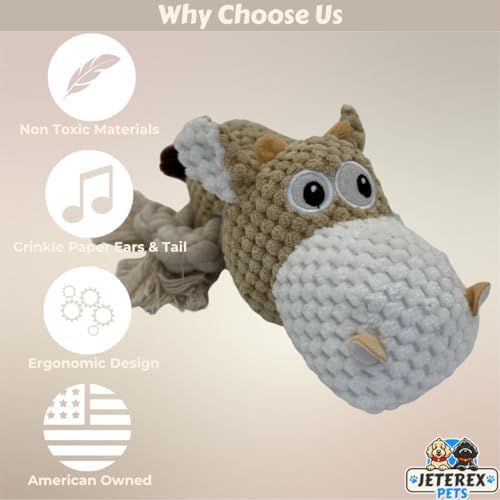 Large Dog Toy - Tan Cow Squeaky Dog Toys for Large Dogs, Medium and Small Dogs. Durable with Pineapple Plush Fabric, Rope Legs, Hidden Seams, Reinforced Stress Points, Embroidered Eyes