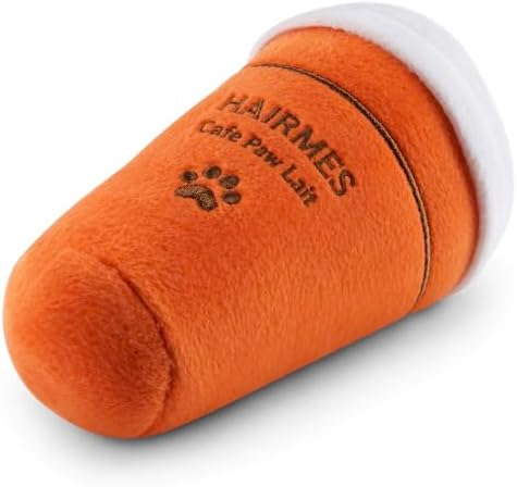 Dog Diggin Designs Hairmes Café Paw Lait Plush Dog Toy – Coffee Cup Squeaky Parody Dog Toy, Soft Fashion Inspired Interactive Pet Toy for Small to Medium Dogs