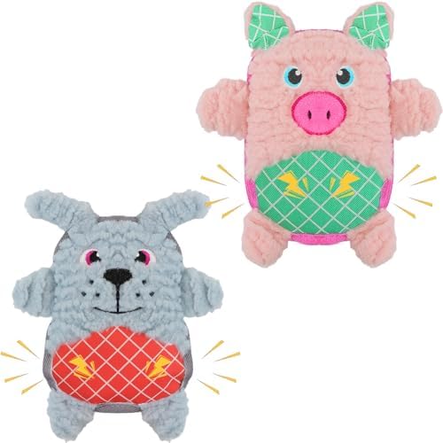 Crinkle Dog Toys Squeaky Plush No Stuffing Cute Puppy Stuffless Tough Rop Pull Toy, Fun Dog Stuffed Animals Durable Chew Set for Small Medium Large Pup (Large, Pink Pig+Blue Dog)