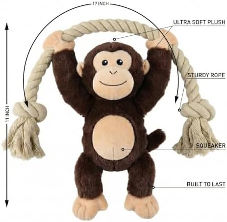 Native Pup Dog Toy Rope and Plush Stuffed Squeaker, Tug of War Toys for Dogs, Puppy Welcome Home Add on for Pets (Monkey)