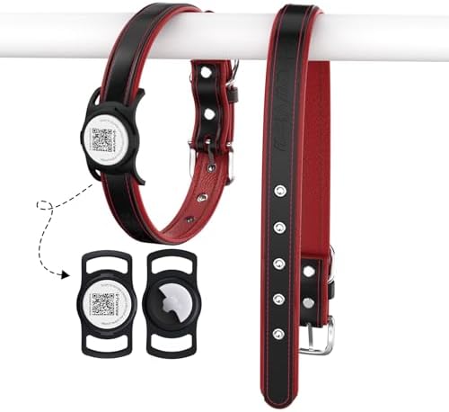 Leather Dog Collar with AirTag Compatible Holder & QR ID, Red, M