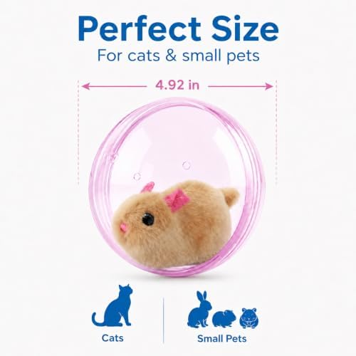 Self Rolling Interactive Cat Ball, Automatic Moving Cat Toy with Plush Animal Inside, 360° Rolling Cat Chasing Ball with Transparent Ball for Cats Dogs Small Pets (Pink,Brown Mouse)