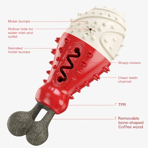 Cooling Freezable Dog Toy with Natural Coffee Wood – Dental Cleaning, Teething Relief & Treat Dispensing Chew Toy for Small Medium Large Breeds (Red)