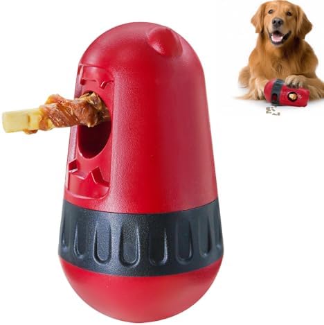 Dog Puzzle Toy Dog Bully Stick Holder Safety Device and Adjustable Treat Dispensing Ball Food Dispenser Tough Slow Feeder Puppy Enrichment Training Toy Pet Interactive Chase Toys for Dogs (Red)
