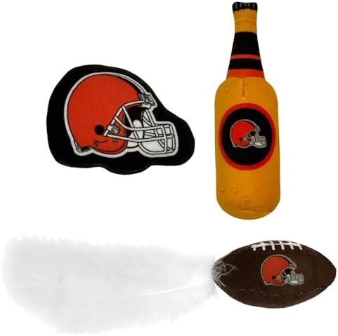 Pets First Best Plush CAT Toy - NFL Cleveland Browns Complete Set of 3 Piece Cat Toys Filled with Fresh Catnip. Includes: 1 Helmet Cat Toy, 1 Football Toy with Feathers & 1 Beer Bottle