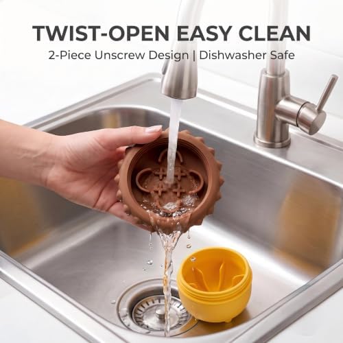 Dog Toy Treat Dispenser, Slow Feeder Puzzle (Orange-Yellow) | 2-in-1 slow feeder & freezable lick toy. Twist-open 2-piece easy clean. Food-grade silicone for small & medium dogs.