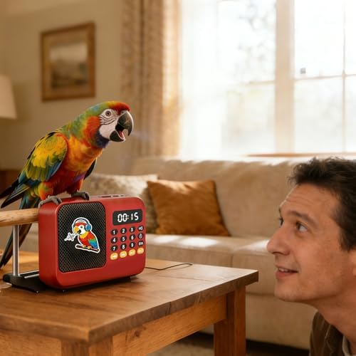 Parrot Talking, Whistling & Singing Training Player – 134 Professional Audio Tracks with Loop Playback &Self-Custom Audio, Includes Training Guide for Beginners & Busy Individuals (Red)